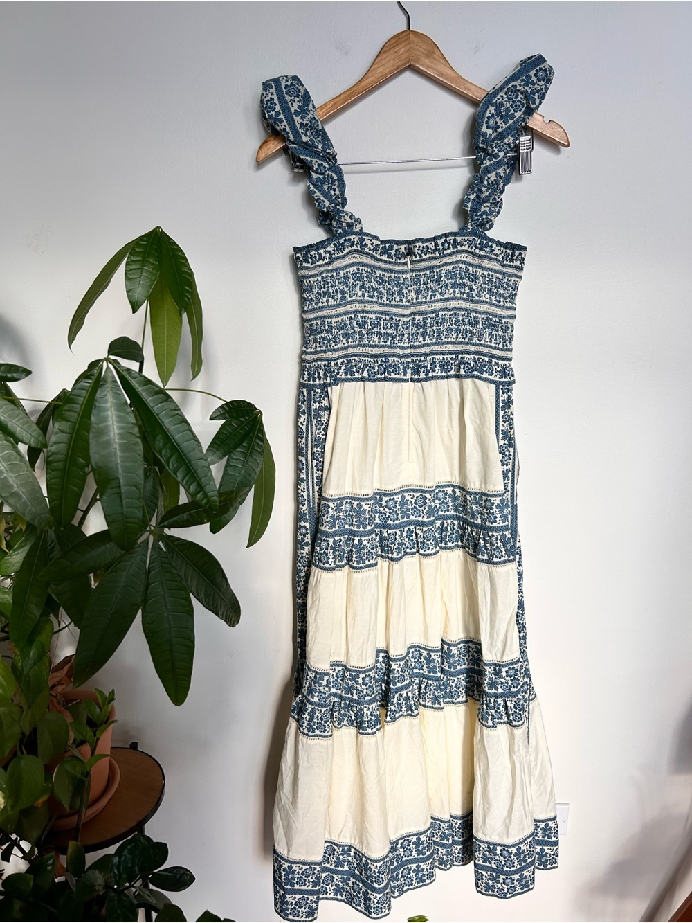 Sea NY Arlo Maxi Floral Tiered Smocked Bodice Blue Cream Cotton Dress Size S - Picture 12 of 12